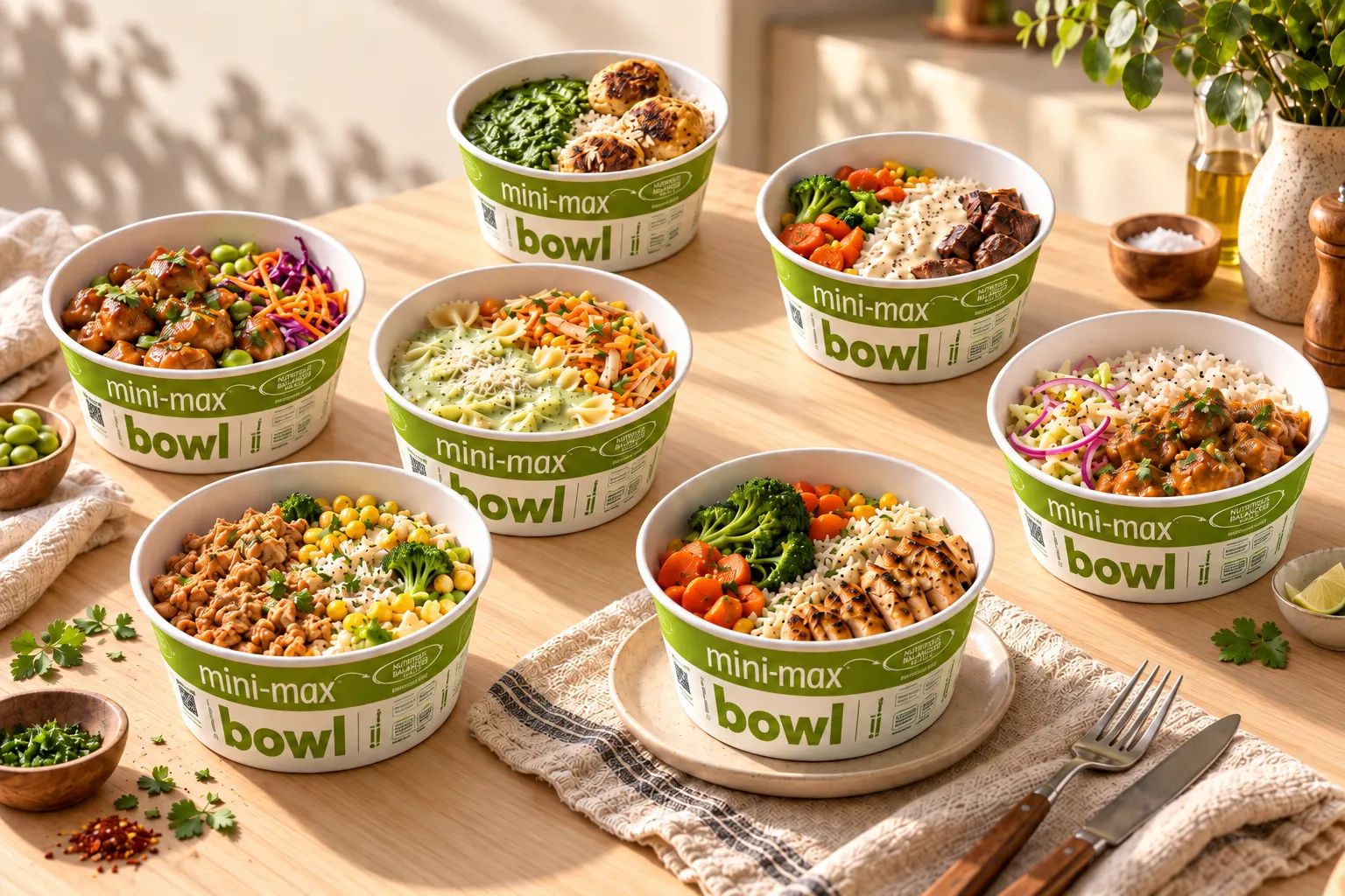 Bowls Mini-Max, Every Day e Protein servidos na mesa