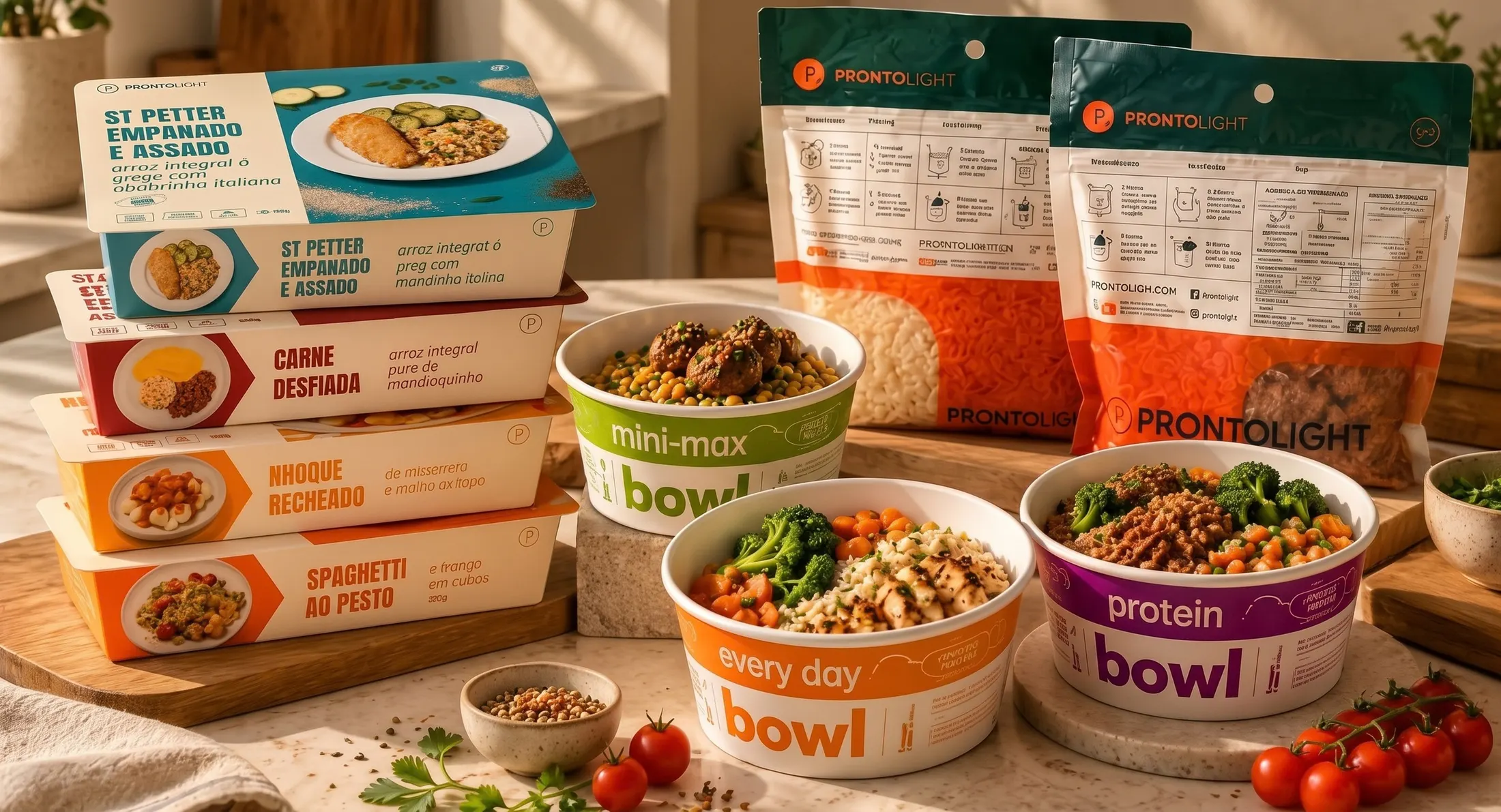 Linha completa Pronto Light: marmitas, bowls e porções sobre a mesa